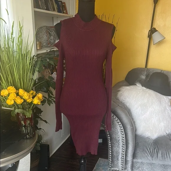 Elegant Burgundy Cold Shoulder Dress - Picture 1 of 7